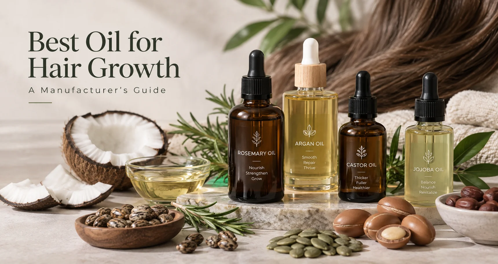 Various hair oil bottles labeled rosemary oil, argan oil, castor oil, and jojoba oil surrounded by coconuts, pumpkin seeds, and argan nuts, with text 'Best Oil for Hair Growth - A Manufacturer's Guide'.